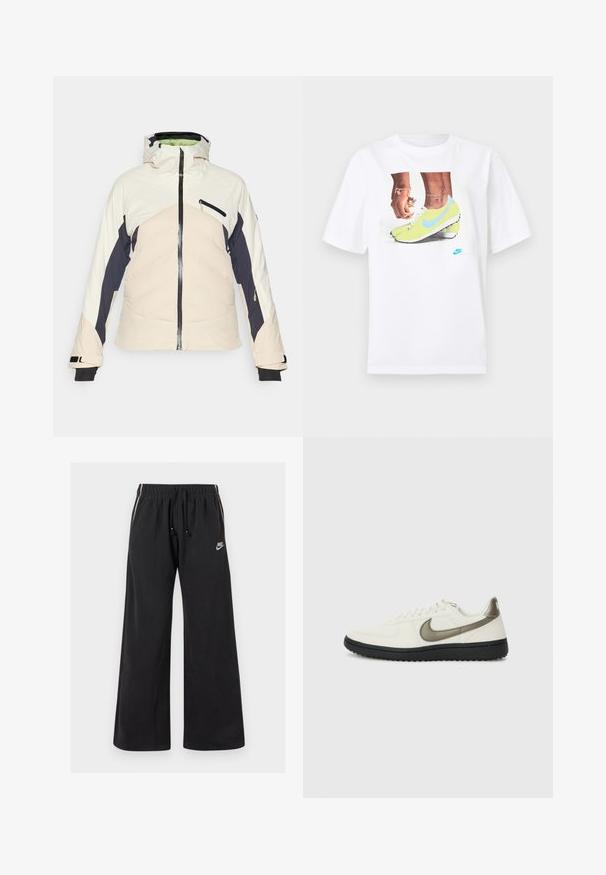 Padded jacket in cream, navy, and pale pink. Features a zippered front, adjustable hood, and two zippered side pockets. Black cuffs.; White cotton t-shirt featuring a graphic of feet in yellow Nike cleats with blue accents, paired with a bracelet on the left wrist.; Black sweatpants made of soft fabric, featuring an elastic waistband with a drawstring, side stripes, and a small logo on the front left.; Nike Sportswear FIELD GENERAL - Trainers - off-white/black