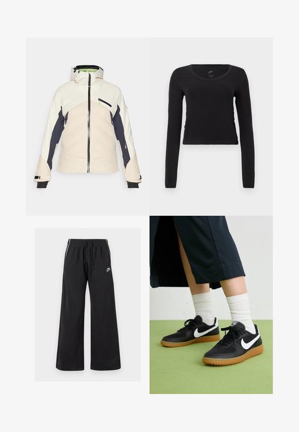 Pohodlná bunda v krémovej, námorníckej a svetloružovej farbe. Obsahuje zips z prednej strany, nastaviteľnú kapucňu a dve vrecká na zips po stranách. Čierne manžety.; Dlhý rukáv, skrátené tričko z pevnej čiernej bavlny. Má okrúhly výstrih a jemné bočné zhromaždenie pre priliehavý vzhľad.; Čierne tepláky z mäkkej tkaniny, s elastickým pásom a šnúrkou, bočnými pruhmi a malým logom na prednej ľavej strane.; Čierne kožené a syntetické tenisky so bielym logom Nike, gumenou podrážkou, okrúhlou špičkou a čiernymi šnúrkami. Viditeľné biele pruhované ponožky.