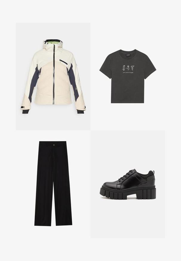Krémszínű, sötétkék és világosrózsaszín párnázott dzseki. Zipperes elülső rész, állítható kapucni és két cipzáros oldalzseb jellemzi. Fekete mandzsetták.; Sötét szürke póló, puha pamutból készült, fehér hímzett virágokkal és az "növeld a pozitív gondolatokat" felirattal a minta alatt.; Lazán szabott, sima anyagú fekete nadrág, elülső zsebekkel és gombos derékzárral. Minimalista dizájn, minta nélküli.; Fekete bőr platform cipők vaskos blokk sarkakkal, kerek orral és hagyományos fűzős kialakítással. Simára csiszolt felület és minimális részletezés jellemzi.