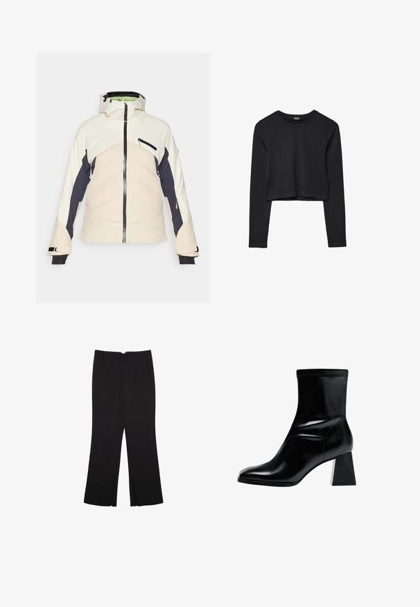 Vadderad jacka i kräm, marinblå och ljusrosa. Har en dragkedja framtill, justerbar huva och två sidofickor med dragkedja. Svarta muddar.; Svart långärmad croppad topp med rund halsringning, enkel design och en något rundad nederkant.; Svarta byxor med rak passform, utrustade med framfickor och sidoklyvningar vid fållen. Tillverkade av mjukt, slätt tyg. Lämpliga för olika tillfällen.; Svart ankelboot tillverkad av mjukt läder. Har en blockklack med ett strukturerat, ribbat mönster och en elegant, avsmalnande tådesign.