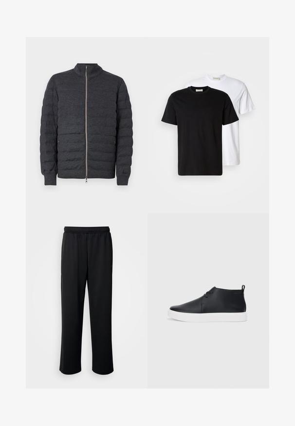 Chaqueta acolchada gris oscuro con cuello alto, cierre de cremallera en el frente y puños acanalados. Presenta paneles cosidos y una textura suave.; Dos camisetas de algodón lisas, una negra colocada frente a una blanca, ambas con mangas cortas y escote redondo.; Pantalones deportivos negros elaborados con una tela suave y transpirable. Cuentan con una cinturilla elástica y perneras rectas sin acentos o patrones prominentes.; Zapatillas de deporte altas de cuero negro con un acabado suave, suela de goma blanca y un diseño de cordones sencillo. Cuenta con una pestaña en la parte posterior.