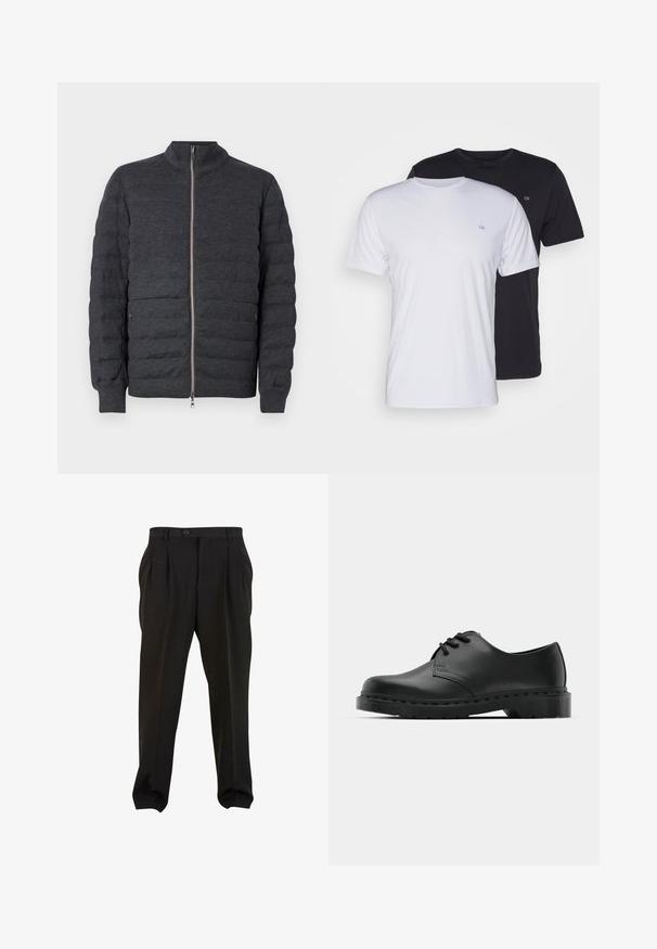 Donkergrijze gewatteerde jas met een hoge kraag, ritssluiting aan de voorkant en geribde mouwen. Bevat gestikte panelen en heeft een gladde textuur.; Twee katoenen t-shirts in het wit en zwart, met korte mouwen en ronde halsen, voorzien van een klein logo op de borst, met een soepele textuur.; Zwarte broek van gladde stof, met voorplooien, een knopenband en taps toelopende enkelboorden. Klassieke taillering.; Zwarte leren oxford schoenen met vetersluiting, ronde neus, platte rubberen zool en subtiele stiksel details langs het bovenwerk.