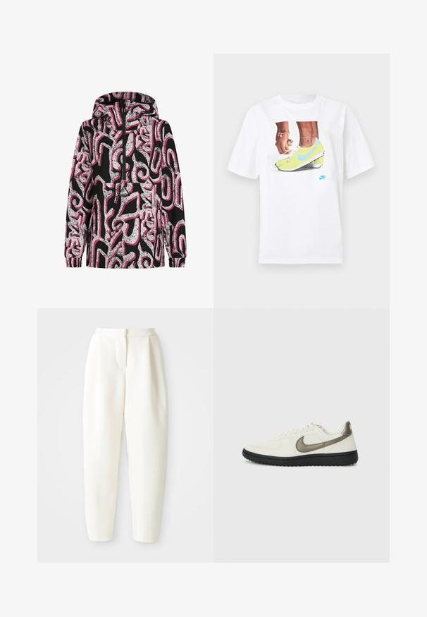Melnā kapuce jaka ar abstraktu baltu un rozā rakstu, ar rāvējslēdzēju priekšā, elastīgām piedurknēm un logotipa uzšuvumu uz krūtīm.; Balts kokvilnas T-krekls ar grafiku, kurā attēloti zili akcentēti dzelteni Nike zābaki un kreisajā rokā valkāta rokassprādze.; Augstas jostas līnijas, sašaurināti balti bikses ar slēptu priekšējo aizdari un sānu kabatām, attēloti uz vienkrāsaina balta fona.; Nike Sportswear FIELD GENERAL - Treniņu apavi - off-white/black