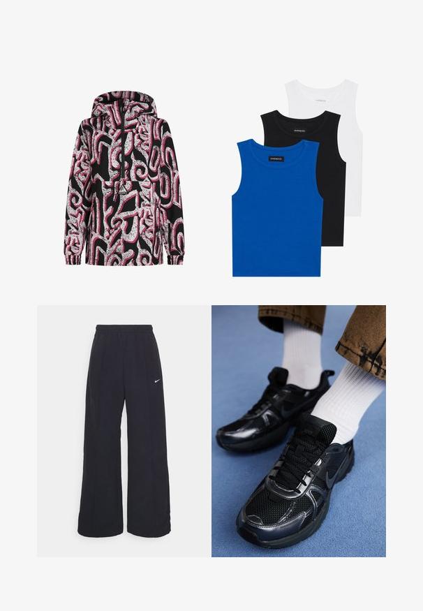 Czarna kurtka z kapturem z abstrakcyjnym wzorem w bieli i różu, z zamkiem z przodu, elastycznymi mankietami oraz naszywką z logo na klatce piersiowej.; Trzy bezrękawniki w kolorach niebieskim, czarnym i białym. Materiał to prążkowana tkanina z okrągłym dekoltem. Każdy top ma metkę z napisem "even&odd."; Czarne spodnie typu wide-leg z elastycznym pasem i małym białym logo Nike. Materiał ma gładką teksturę, zaprojektowany z myślą o komforcie i codziennym noszeniu.; Czarne buty sportowe Nike mają siateczkową cholewkę z błyszczącymi akcentami, czarne sznurówki i teksturowaną podeszwę. Połączone z białymi, prążkowanymi skarpetami.