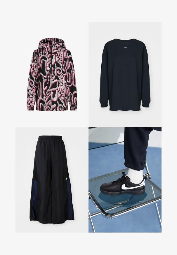 Black hooded jacket featuring an abstract white and pink pattern, zippered front, elastic cuffs, and a logo patch on the chest.; Black long-sleeve T-shirt made of cotton with a crew neckline. Features a white Nike logo on the chest. Soft texture, simple design.; Black wide-leg pants made of lightweight fabric, featuring a navy blue side panel and an elastic waistband. Small white logo on bottom.; Black Nike sneakers with white accents, featuring a smooth leather texture, lace-up design, and rounded toe, positioned on a glass chair.