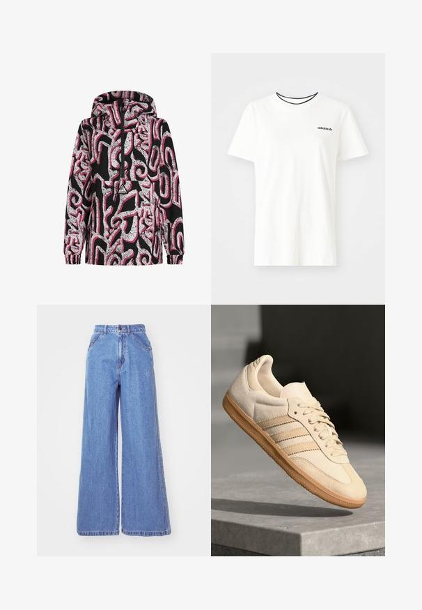 Črna kapuca jakna z abstraktnim belim in roza vzorcem, z zadrgo spredaj, elastičnimi manšetami in logotipom na prsih.; Bela bomba majica iz bombaža s kratkimi rokavi in okroglim izrezom. Ima črni Adidas logotip na prsih ter kontrastni črni notranji ovratnik.; adidas Originals Ravne kavbojke - light denim; Svetlo bež semišni športni copat z gumijastim podplatom, trije poševni trakovi in teksturiran zaščitni del. Vsebuje logotip na ježku in strani.