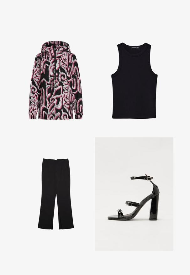 Čierna kapucňová bunda s abstraktným bielym a ružovým vzorom, so zipsom vpredu, elastickými manžetami a nášivkou s logom na hrudi.; Čierny tank top vyrobený z bavlny, s okrúhlym výstrihom a širokými ramienkami. Hladká textúra so zošitými okrajmi. Klasický, minimalistický dizajn.; Čierne nohavice so strihom rovného strihu, s prednými vreckami a bočnými rozparkami na leme. Vyrobené z mäkkej, hladkej tkaniny. Vhodné na rôzne príležitosti.; Čierne lakované sandále na podpätku so štvorcovou špičkou, navlečenými remienkami okolo členku a striebornými prackami. Disponujú masívnym blokovým podpätkom pre stabilitu.