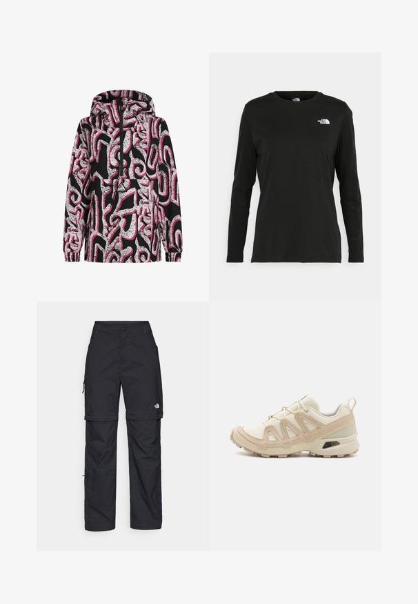 Chaqueta con capucha negra que presenta un patrón abstracto en blanco y rosa, con cierre delantero, puños elásticos y un parche de logo en el pecho.; Camiseta de manga larga negra de algodón con cuello redondo. Presenta un pequeño logotipo blanco en la parte izquierda del pecho. Diseño y ajuste simples.; Pantalones cargo de nailon negro con cremallera desmontable, puños ajustables, múltiples bolsillos y un logotipo en la pierna derecha. Textura suave y ligera.; Zapatilla deportiva beige y crema con parte superior de malla texturizada, superposiciones de soporte y suela de goma con un patrón de tracción.