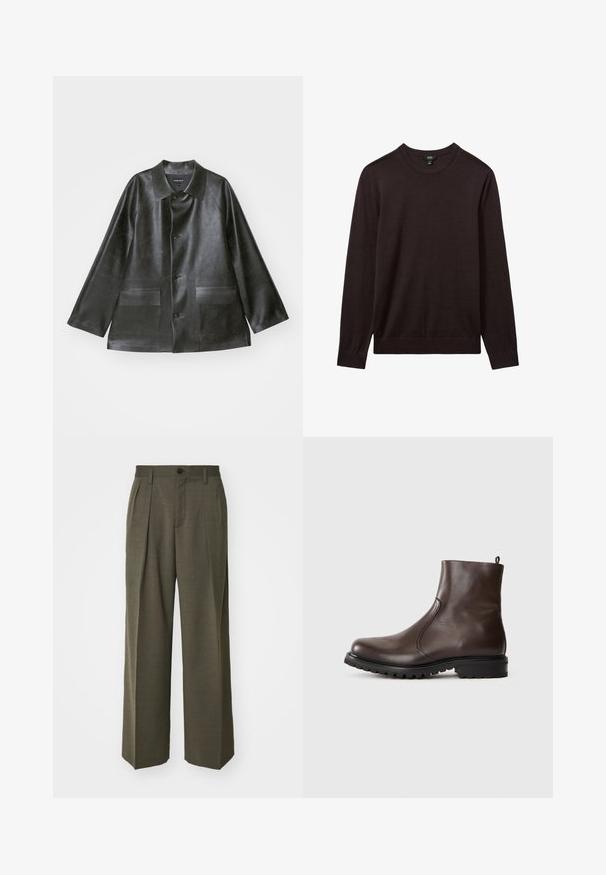 Emporio Armani CABAN - Bunda z nepravej kože - lavagna; Reiss Svetrík - dark bordeaux; Filippa K WIDE TROUSERS - Nohavice - driftwood; Hnedé kožené členkové topánky s hladkým povrchom, elastickými bočnými panelmi, pŕhľavým pútkom vzadu a robustnou gumovou podrážkou.