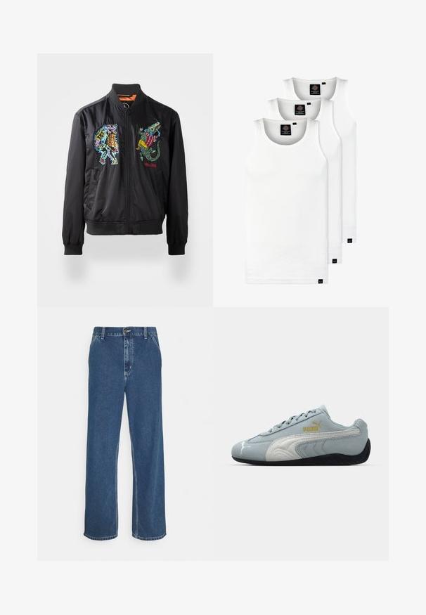 Chaqueta bomber negra con puños acanalados, que presenta coloridos diseños bordados de un personaje y un cocodrilo en la parte delantera. Cierre con cremallera.; Tres camisetas sin mangas de algodón de color blanco con canalé. Cuentan con cuello redondo y pequeñas etiquetas negras cerca del dobladillo. Disponibles en múltiples tamaños.; Vaqueros de mezclilla azul con corte recto, diseño de cinco bolsillos, cierre de botón metálico y costuras visibles a lo largo de las costuras y el dobladillo.; Zapatilla de ante azul claro con detalles en blanco, diseño texturizado en los laterales, suela de goma negra y logo dorado. Diseñada para uso casual.