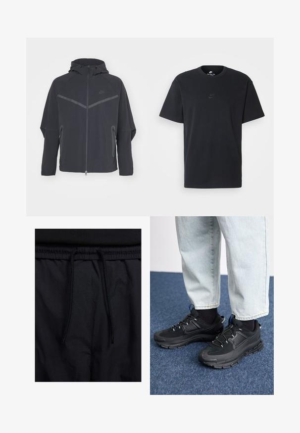 Černá bunda Nike se zipem vpředu, kapucí a úhlovými švy. Obsahuje reflexní detaily a boční zipové kapsy. Vyrobena z lehkého materiálu.; Černé bavlněné tričko Nike s klasickým kulatým výstřihem, krátkými rukávy a decentně vyraženým logem na hrudi. Hladký povrch.; Černé šortky s páskem na šňůrku, lehký materiál s hladkou texturou a jednoduchý design bez viditelných log nebo vzorů.; Černé sportovní boty s texturovanou tkaninou a gumovou podrážkou, s elastickými tkaničkami a modrým akcentem na patě. Nosí se s světlými džíny.