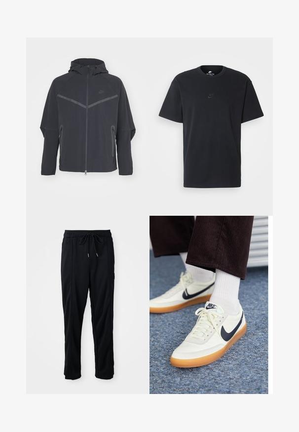 Jachetă Nike neagră cu fermoar frontal, glugă și cusături unghiulare. Prezintă accente reflective și buzunare laterale cu fermoar. Fabricată dintr-un material ușor.; Tricou din bumbac negru Nike, cu guler rotund clasic, mâneci scurte și un logo subtil embosat pe piept. Textură netedă.; Pantaloni casual negri cu șnur la talie, cu buzunare laterale și croială dreaptă, pe un fundal simplu.; Sneakers Nike din piele albă cu un swoosh bleumarin, având un branț din cauciuc de culoare gumă și șireturi albe, asortate cu șosete albe și pantaloni închisi din ribstop.