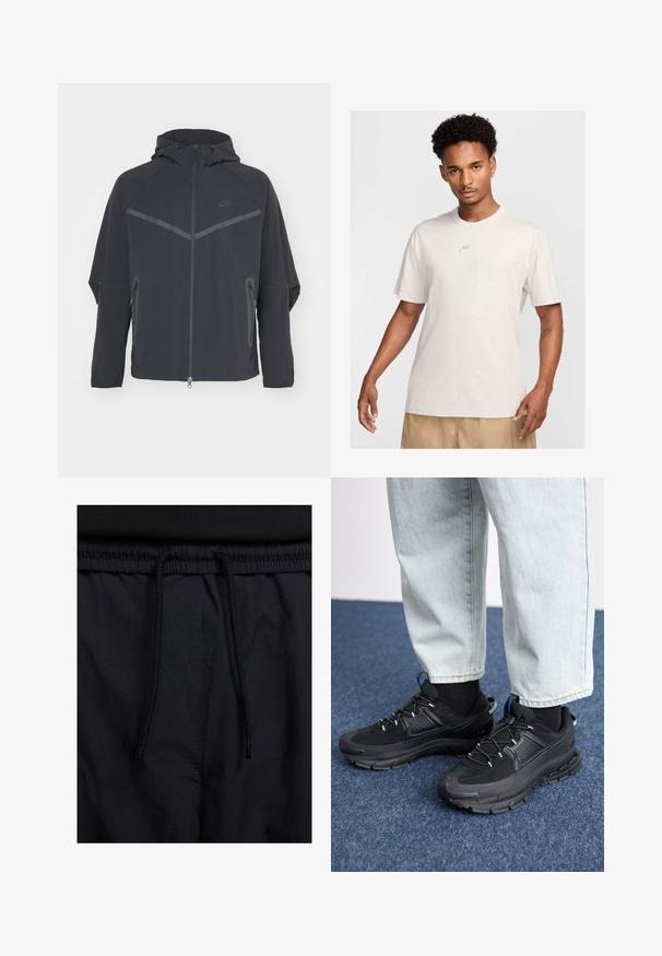 Crna Nike jakna s patentnim zatvaračem sprijeda, kapuljačom i kutevim šavovima. Ima reflektirajuće detalje i bočne džepove s patentnim zatvaračem. Napravljena je od lagane tkanine.; Muž s kratkom kovrčavom kosom nosi bež Nike majicu i khaki kratke hlače, gleda prema naprijed na jednoličnoj svijetloj pozadini.; Crne kratke hlače s pojasom na vezanje, lagani materijal s glatkom teksturom i jednostavan dizajn bez vidljivih logotipa ili uzoraka.; Crne atletske cipele s teksturiranom tkaninom i gumene potplate, s elastičnim vezicama i plavim akcentom na peti. Nosene su s svijetlim trapericama.