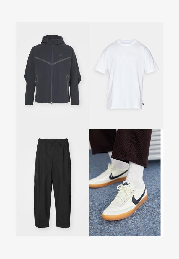 Melnā Nike jaka ar priekšēju rāvējslēdzēju, kapuci un leņķainām šuvēm. Iezīmējas ar atstarojošām akcentiem un sānu rāvējslēdzēju kabatām. Izgatavota no viegla auduma.; Balts kokvilnas T-krekls ar īsām piedurknēm un apaļu kakla izgriezumu. Uz krūtīm ir maza, diskrēta Nike logo un sānu birka.; Melni bikses ar elastīgu jostu, aizdari ar auklu un brīvu piegriezumu. Izgatavotas no gludas auduma, ar minimālistisku dizainu.; Baltās ādas Nike sporta apavi ar tumši zilu swoosh, ar gumijas zoli un baltiem šņorēm, kombinēti ar baltām sporta zeķēm un tumšām korduroja biksēm.