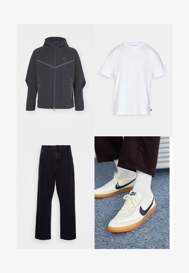 Sort Nike-jakke med lynlås foran, hætte og skrå sømme. Har reflekterende detaljer og sidelommer med lynlås. Fremstillet af letvægtsstof.; Hvid bomulds T-shirt med korte ærmer og rund hals. Har et lille, diskret Nike-logo på brystet og et sidelabel.; Sorte denimbukser med lige ben, der har en knap- og lynlåslukning, bæltestropper og minimale syninger.; Nike sneakers i hvid læder med en marineblå swoosh, med en gummisål og hvide snørebånd, parret med hvide ankelstrømper og mørke fløjlspants.