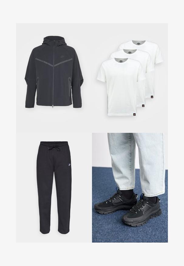 Black Nike jacket with a zip front, hood, and angular seams. Features reflective accents and side zip pockets. Made of lightweight fabric.; Three plain white cotton t-shirts with short sleeves. Each shirt features a round neckline and a small black logo tag on the left side.; Black sweatpants made of soft fabric with an elastic waistband, drawstring, and a small Nike logo on the left thigh.; Black athletic shoes with textured fabric and rubber soles, featuring elastic laces and a blue accent on the heel. Worn with light denim pants.