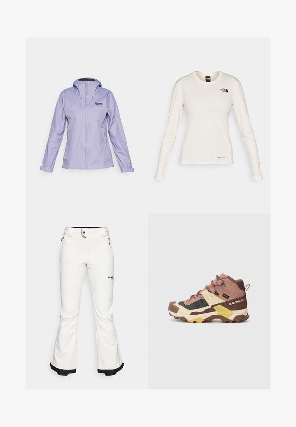 Svetlo lavanda nepremočljiva jakna z dolgimi rokavi, kapuco in nastavljivimi vrvicami. Gladka, sijoča tekstura s sprednjim zadrgo.; The North Face SHADOW LONG SLEEVE - Majica z dolgimi rokavi - white dune; Bele smučarske hlače iz mehkega, fleksibilnega materiala. Imajo prilegajoč pas, široke razširjene noge in črno obrobo na koncih. Vidno je blagovno znamenje.; Visokotopšni zunanji čevlji v roza, črni in bež barvi. Imajo teksturirano zgornji del, ojačen zaščitni kapic za prste in robusten podplat z globokimi utori za oprijem.