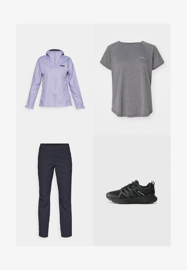 Light lavender waterproof jacket with long sleeves, a hood, and adjustable drawstrings. Smooth, sleek texture with a front zip closure.; Gray short-sleeve shirt featuring a subtle textured pattern, round neckline, and Columbia logo on the chest. Soft fabric, relaxed fit.; Navy blue pants made of smooth fabric, featuring a front button closure, slim-fit design, and creased detailing at the knees.; Columbia PEAKFREAK - Hiking shoes - black