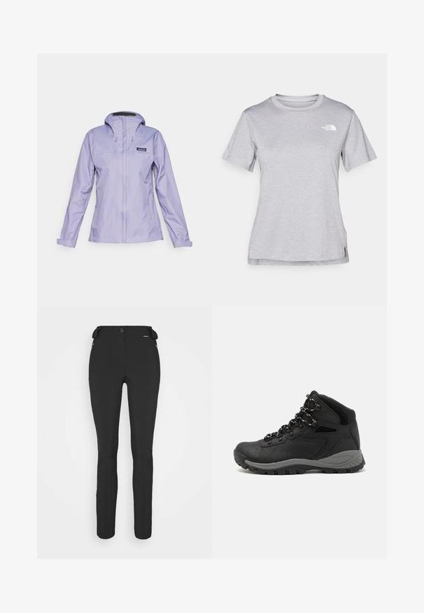 Giacca impermeabile di un leggero colore lavanda con maniche lunghe, cappuccio e cordini regolabili. Texture liscia e slanciata con chiusura frontale a zip.; T-shirt grigio a maniche corte realizzato in morbido tessuto traspirante. Presenta un collo tondo e un piccolo logo bianco nella parte superiore sinistra.; Pantaloni neri aderenti realizzati in materiale flessibile. Presentano una tasca laterale con zip, ginocchia articolate e una texture liscia.; Stivale da trekking nero con design a metà altezza, dotato di una tomaia texturizzata, accenti grigi e suola in gomma resistente con tasselli per la trazione.