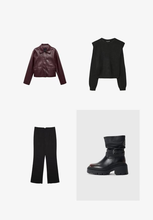 Burgundowa skórzana krótka kurtka z kołnierzem, zapięciem na guziki z przodu i dwiema kieszeniami na piersiach. Gładka tekstura i dopasowane rękawy.; Czarny, długi sweter z dzianiny z poduszkami na ramionach oraz prążkowanymi mankietami i dołem, pokazany na białym tle.; Czarne spodnie o prostym kroju, z przednimi kieszeniami i bocznymi rozcięciami na dole. Wykonane z miękkiego, gładkiego materiału. Odpowiednie na różne okazje.; Czarne skórzane botki za kostkę z luźną cholewką, detalem w postaci klamry oraz grubą, solidną podeszwą. Charakteryzują się okrągłym noskiem i gładką fakturą.