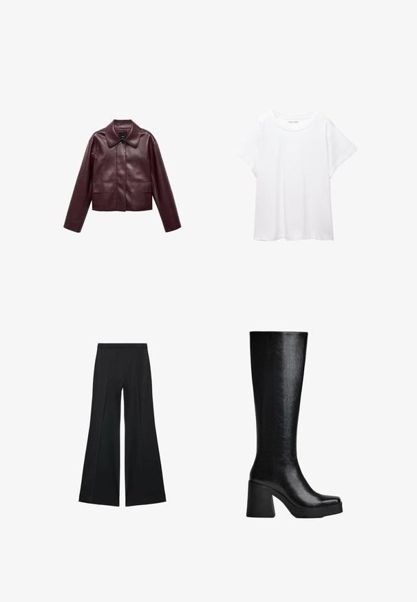 Burgundska usnjena krajša jakna z ovratnikom, sprednjim zapiranjem na gumbe in dvema žepoma na prsih. Gladka tekstura in oprijete rokave.; Bela majica s kratkimi rukavi, izdelana iz mehkega in lahkega blaga. Ima okroglo ovratnico ter kratke, široke rokave z udobnim krojem. Brez vidnih vzorcev.; Črne široke hlače z gladko teksturo, ki imajo sprednje nabore in kroj po meri. Tkanina je lahka in zračna.; Črne škornje do kolen, izdelane iz teksturiranega sintetičnega materiala, z ovalnim nosom, debelim visokim peto in gladko, sijočo površino.