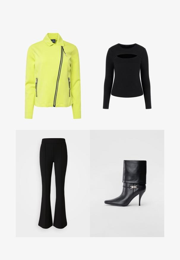 Giacca gialla brillante con colletto sartoriale, zip frontale asimmetrica e due tasche laterali con zip di un blu scuro a contrasto. Tessuto morbido e liscio.; Top nero a maniche lunghe con texture a coste e un dettaglio unico con taglio sul petto, dal collo rotondo e silhouette aderente.; Pantaloni neri a zampa d'elefante realizzati in un materiale elastico con una texture liscia, caratterizzati da dettagli delle cuciture lungo la parte anteriore per un tocco di design in più.; Stivale ankle in pelle nera con punta affusolata, alto tacco a stiletto, risvolto sulla caviglia e un elegante dettaglio in oro con fibbia decorativa.