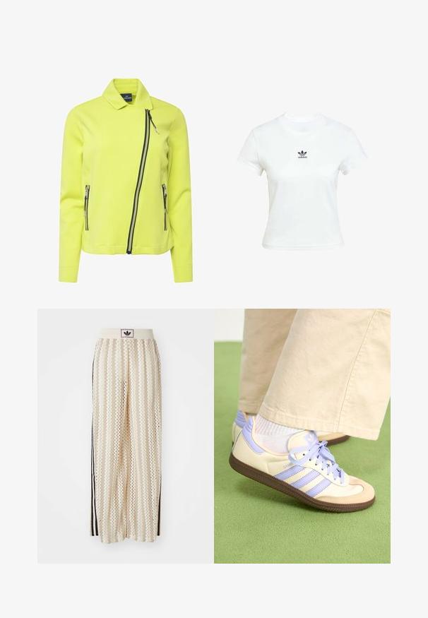 Světlá žlutá bunda s upraveným límcem, asymetrickým předním zipem a dvěma bočními zipovými kapsami v kontrastní tmavě modré barvě. Měkká, hladká látka.; Bílá bavlněná tričko s krátkými rukávy a kulatým výstřihem. Na hrudi se nachází černé logo Adidas. Jednoduchý, minimalistický design.; Krémové široké kalhoty s cikcak vzorem, s černým logem na pásu a černými pruhy po stranách. Lehčí, texturovaná tkanina.; Krémové a levandulové tenisky se třemi pruhy a texturovanou hnědou podrážkou, vybavené tkaničkami a polstrovanou patou. Měkký textilní svršek.