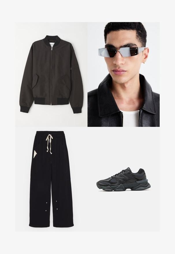 NN.07 Bomber Jacket - black; Black short-sleeve T-shirt made of cotton, featuring a round neckline and relaxed fit. Smooth texture with minimal stitching details.; Black wide-leg pants made of soft fabric featuring a drawstring waist, side pockets, and a triangular accent pocket. Silver hardware details included.; Black running shoe featuring a mix of mesh and synthetic materials, chunky sole, curved design, and prominent branding on the side.; Angular gray-tinted sunglasses with silver hardware, set against a light background. The lenses feature a unique geometric shape.
