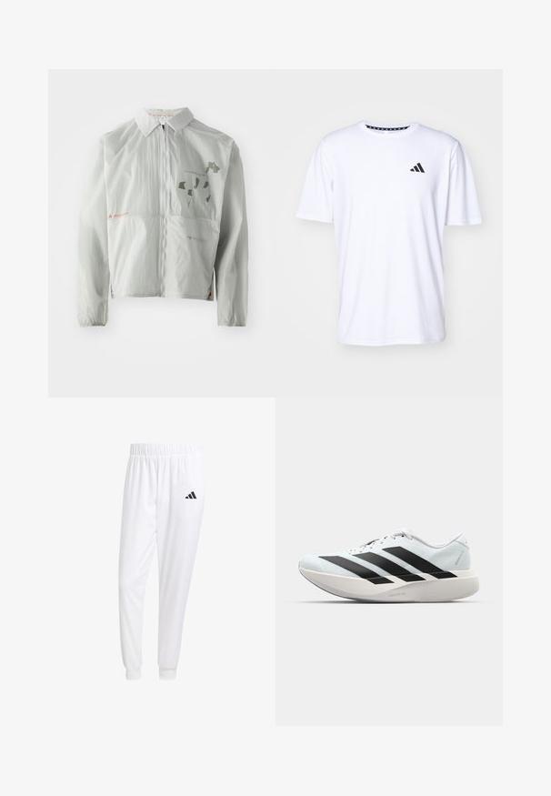 Light gray windbreaker jacket made from lightweight material, featuring a front zipper, collar, and printed text and graphics in muted tones.; White short-sleeve t-shirt made of fabric with a smooth texture. Features a black adidas logo on the left chest and a patterned collar.; White athletic pants made of smooth fabric, featuring an elastic waistband and fitted cuffs, with a black logo on the back pocket.; Lightweight running shoes in pale blue with black stripes. Features a smooth upper, round toe, and thick white midsole labeled "LIGHTSTRIKE PRO."