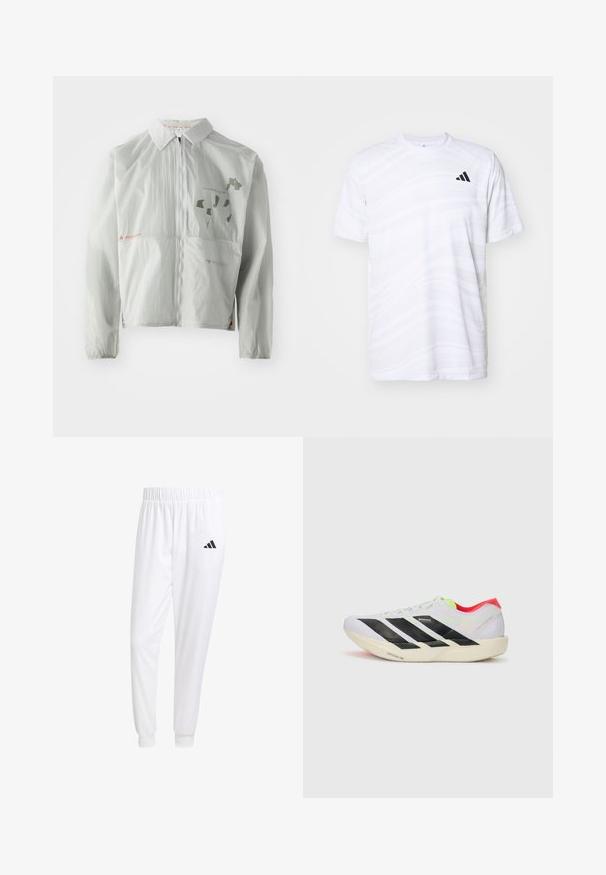 Hellgraue Windjacke aus leichtem Material, mit einem Reißverschluss vorne, Kragen und bedrucktem Text sowie Grafiken in sanften Farbtönen.; Weißes sportliches T-Shirt mit subtilen Wellenmustern, Rundhalsausschnitt, kurzen Ärmeln und einem schwarzen Dreistreifen-Logo auf der linken Brust.; Weiße Sporthose aus glattem Stoff, mit einem elastischen Bund und enganliegenden Bündchen, mit einem schwarzen Logo auf der Gesäßtasche.; Weißer Sportschuh mit schwarzen Streifen, neongrünen Akzenten und einer roten Ferse. Hat ein leichtes Design und eine strukturierte Sohle für besseren Grip.