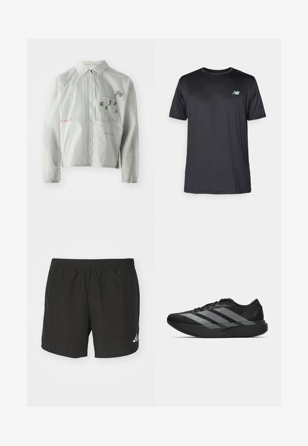 Gaiši pelēks vēja necaurlaidīgs mētelis, izgatavots no viegla materiāla, ar priekšējo rāvējslēdzēju, apkakli un drukātiem tekstiem un grafikiem navus košās krāsās.; New Balance Sporta krekli - black; Melnas sporta bikses ar elastīgu jostu, sānu šķeltnēm un atstarojošiem logo akcentiem. Izgatavotas no viegla, gluda auduma.; Melni sporta apavi ar vieglu dizainu, ar trim izteiksmīgiem pelēkiem svītrām, gludu virsmu un kontūrveida zoli.