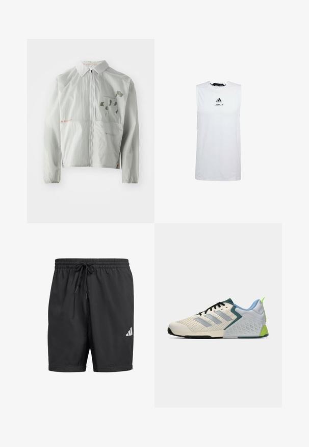Lys grå vindjakke lavet af letvægtsmateriale, med en frontlynlås, krave og trykte tekster og grafik i dæmpede nuancer.; adidas Performance LES MILLS - Top - white; Sorte sport shorts lavet af letvægtsstof, med en elastisk livrem og snøre samt et hvidt Adidas logo nederst til højre.; Letvægts sportssko med en cremefarvet mesh-overdel, grå striber, en grøn detalje og en struktureret blå hælkappe. Sorte snørebånd.