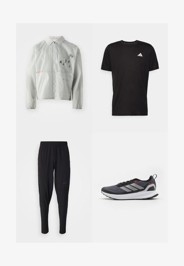Giacca a vento grigio chiaro realizzata in materiale leggero, con zip frontale, colletto e scritte e grafiche stampate in tonalità tenui.; T-shirt in cotone nero con maniche corte, scollo rotondo e logo bianco sul lato sinistro del petto. Texture liscia e design semplice.; Pantaloni sportivi neri con vita elastica, design affusolato, tasche laterali e dettagli logo discreti. Realizzati in tessuto flessibile e traspirante.; Scarpe da corsa nere con accenti grigi. Presentano una tomaia testurizzata, una suola robusta e strisce riflettenti. Design leggero con un midsole ammortizzato.
