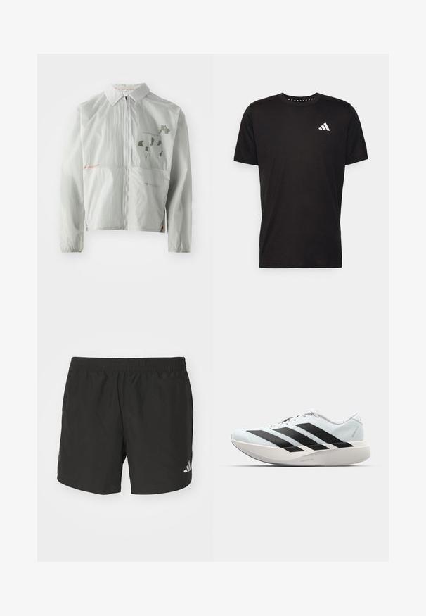 Világosszürke széldzseki, könnyű anyagból készült, elől cipzárral, gallérral, valamint tompított színekben nyomtatott szöveggel és grafikákkal.; Fekete pamut póló rövid ujjal, kerek nyakkivágással, bal mellrészen fehér logóval. Sima textúra és egyszerű dizájn.; Fekete sportos rövidnadrág rugalmas derékkal, oldalsó hasítékokkal és fényvisszaverő logókkal. Könnyű, sima anyagból készült.; Világoskék, fekete csíkos könnyű futószerek. Simább felső résszel, kerek orral és vastag fehér középtalppal, amelyen a "LIGHTSTRIKE PRO" felirat olvasható.