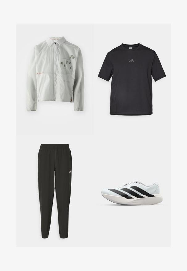 Svetlo siva vetrovka iz lahkega materiala, ki ima sprednji zadrgo, ovratnik ter natisnjen tekst in grafiko v zatemnjenih tonih.; Črno atletsko majico iz zračnega materiala, ki ima kratke rokave, okroglo ovratnik in odsevni logotip na prsih.; Črne športne hlače z elastičnim pasom, ožji kroj in belim logotipom na levi nogi. Gladek, lahek material.; Lahki tekaški čevlji v svetlo modri barvi z belimi črtami. Imajo gladek zgornji del, okroglo kapico in debel bel srednji podplat z označbo "LIGHTSTRIKE PRO."