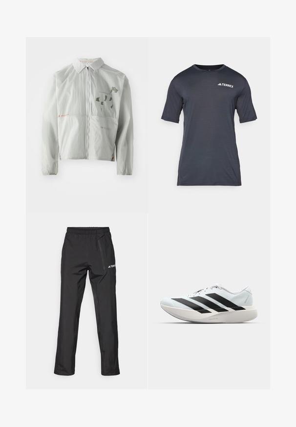 Giacca a vento grigio chiaro realizzata in materiale leggero, con zip frontale, colletto e scritte e grafiche stampate in tonalità tenui.; T-shirt corto grigio scuro realizzato in materiale leggero e traspirante. Presenta un collo rotondo e un logo "TERREX" bianco sul davanti.; Pantaloni impermeabili neri realizzati in tessuto leggero, dotati di vita elasticizzata e tasca laterale con zip. Design semplice e sartoriale.; Scarpe da corsa leggere di colore azzurro pallido con strisce nere. Presentano una tomaia liscia, punta rotonda e un'ampia intersuola bianca etichettata "LIGHTSTRIKE PRO."