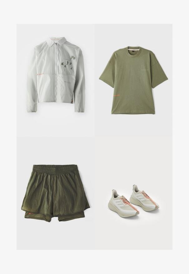 Chaqueta cortavientos de color gris claro, hecha de material ligero, con cremallera frontal, cuello, y texto gráfico impreso en tonos suaves.; Camiseta de algodón verde oliva de manga corta, con cuello redondo y detalle de texto en la parte delantera en blanco y naranja. Textura suave, corte relajado.; Pantalones cortos deportivos de color verde oliva con una cinturilla elástica, forro interior y paneles perforados para ventilación. Diseño ligero y casual.; Zapatillas deportivas blancas con parte superior texturizada, que presentan tres rayas diagonales, cordones naranjas y un diseño de suela curva y acolchada.