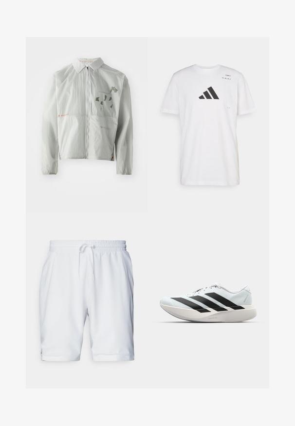 Lichtgrijze windjack gemaakt van lichtgewicht materiaal, met een voorkant van rits, kraag en bedrukt tekst en graphics in gedempte kleuren.; Witte katoenen t-shirt met een groot zwart Adidas-logo, ronde hals, korte mouwen en bedrukte tekst nabij de schouder.; Witte sportieve shorts met een elastische tailleband en verstelbare trekkoord. Glad materiaal met een subtiele textuur, voorzien van zijzakken.; Lichte hardloopschoenen in lichtblauw met zwarte strepen. Beschikt over een soepele bovenkant, ronde neusstuk en dikke witte tussenzool met het label "LIGHTSTRIKE PRO."