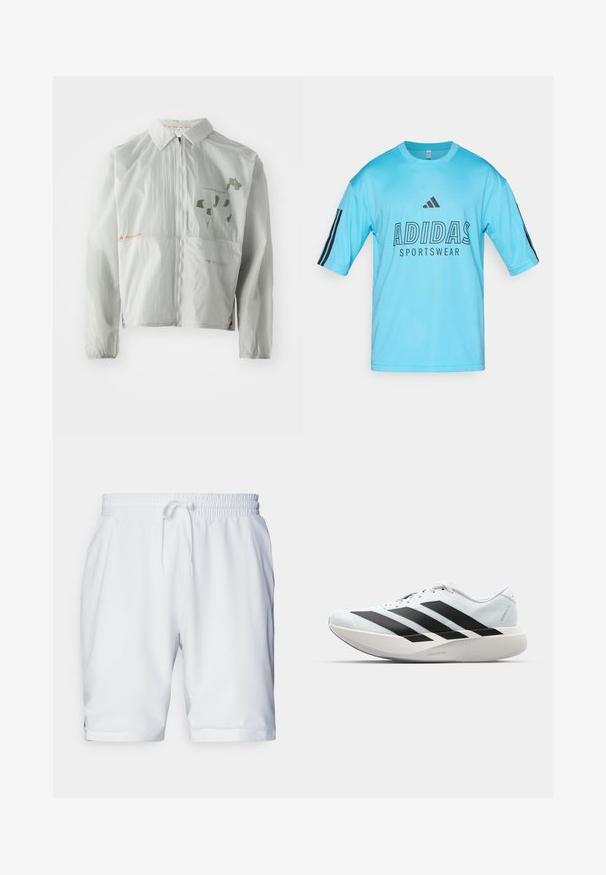 Light gray windbreaker jacket made from lightweight material, featuring a front zipper, collar, and printed text and graphics in muted tones.; Light blue Adidas sportswear shirt made of mesh fabric. Features short sleeves, ribbed crew neck, and black logo and text on the front.; White athletic shorts with an elastic waistband and adjustable drawstring. Smooth fabric with a subtle texture, featuring side pockets.; Lightweight running shoes in pale blue with black stripes. Features a smooth upper, round toe, and thick white midsole labeled "LIGHTSTRIKE PRO."