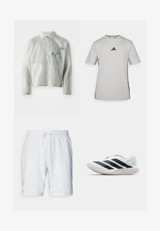 Giacca a vento grigio chiaro realizzata in materiale leggero, con zip frontale, colletto e scritte e grafiche stampate in tonalità tenui.; T-shirt corto grigio a maniche corte realizzato in cotone, con un logo Adidas nero sul petto e dettagli neri sui lati. Design con collo rotondo.; Shorts atletici bianchi con vita elastica e coulisse regolabile. Tessuto morbido con una texture sottile, dotati di tasche laterali.; Scarpe da corsa leggere di colore azzurro pallido con strisce nere. Presentano una tomaia liscia, punta rotonda e un'ampia intersuola bianca etichettata "LIGHTSTRIKE PRO."