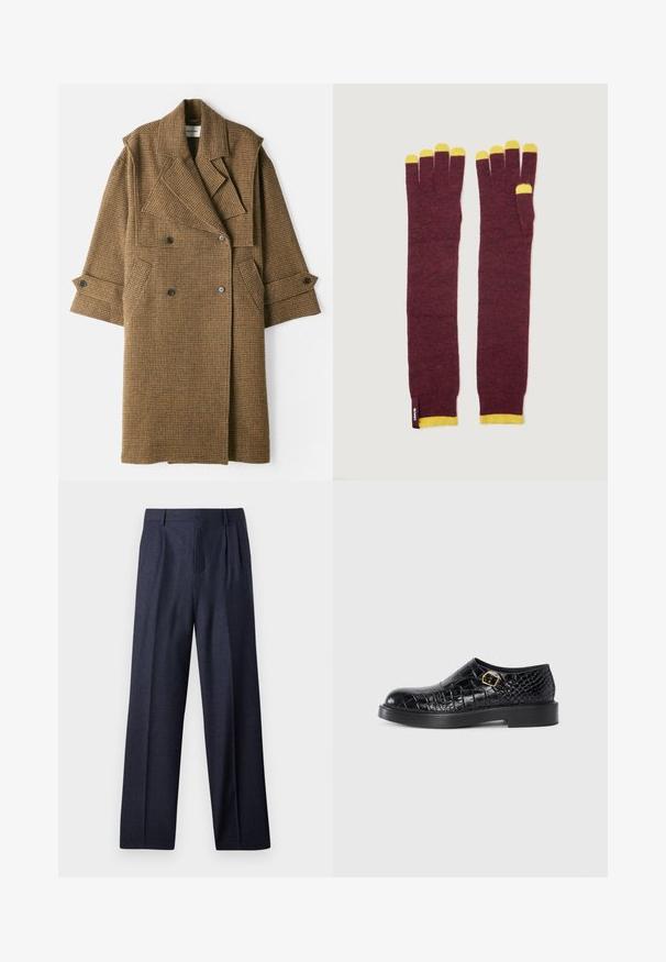 Henrik Vibskov HANDS DOWN COAT - Trenci - brown; Pulover burgund cu guler ondulat galben, închidere cu fermoar și mâneci lungi. Textură moale și design clasic.; Pantaloni din lână navy, cu o croială ajustată, cu față plisată și picioare largi. Textură netedă și linii clare, potriviți pentru ocazii formale.; Pantof black din piele cu textură embosată în formă de crocodil, vârf rotund, talpă plată din cauciuc și detaliu cu cataramă pătrată de culoare aurie pe lateral.; Mănuși tricotate de culoare cărbune cu accente galbene la vârfuri și la încheieturi. Au un design lung care acoperă antebrațul. Textură moale, construcție fără cusături.