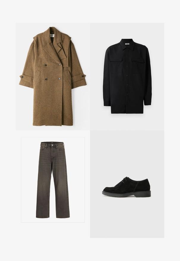 Henrik Vibskov HANDS DOWN COAT - Trenchcoat - brown; Black button-up shirt made of smooth fabric, featuring a classic collar, two front pockets, and long sleeves with button cuffs.; Wide-leg jeans in dark grey denim, featuring a high waist, classic five-pocket design, and contrasting stitching along the seams.; Black suede dress shoe with a rounded toe, contrasting stitching, and a rubber sole. Features minimal lacing and a smooth upper design.