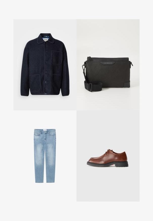 Navy wool blend jacket with a collared neckline, five front buttons, two patch pockets, and contrasting piping along seams.; Burgundy long-sleeve shirt made of cotton, featuring a button-down collar, front button closure, and a small logo on the chest.; Light blue straight-leg jeans made of denim. Features a five-pocket design, faded areas, and a label at the waistband. No embellishments.; Brown leather dress shoe with a rounded toe, contrasting stitching, lace-up design, and a textured black rubber sole.; Black leather crossbody bag with a textured finish, featuring a zip closure and adjustable strap. Logo patch on the front. Rectangular shape.