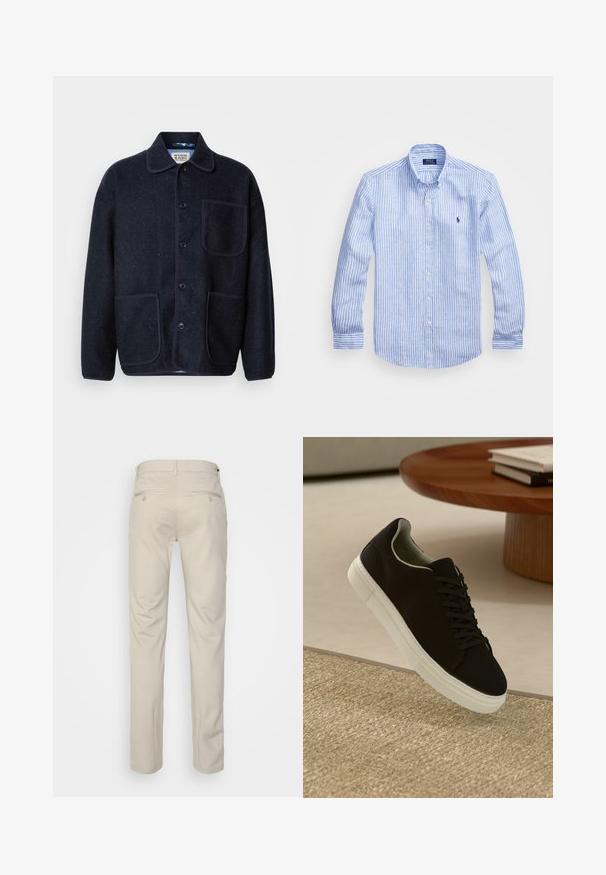 Navy wool blend jacket with a collared neckline, five front buttons, two patch pockets, and contrasting piping along seams.; Blue and white striped long-sleeve shirt made of cotton, featuring a button-down collar, front buttons, and a small embroidered logo on the chest.; Beige trousers with a smooth texture, straight cut, two back pockets with buttons, and a standard waistband.; Black sneaker with white sole floating above beige textured rug near round wooden table with stacked books.