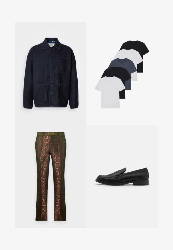 Navy wool blend jacket with a collared neckline, five front buttons, two patch pockets, and contrasting piping along seams.; Set of five t-shirts in black, white, and navy blue. Cotton fabric, short sleeves, crew neck design, and plain texture with no patterns.; Green patterned trousers featuring a snake print design with shades of brown and orange, straight cut, and a smooth texture.; Black leather loafers with a smooth finish, rounded toe, and a small decorative flap. Features a low stacked heel and subtle branding detail.