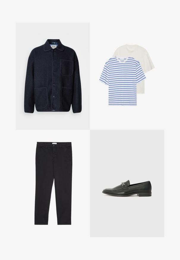 Granatowa kurtka z mieszanki wełny z kołnierzem, pięcioma przednimi guzikami, dwiema naszytymi kieszeniami i kontrastowym paskiem wzdłuż szwów.; Dwie koszulki z krótkim rękawem: jedna biała w niebieskie paski, a druga w jednolitym jasnym kremowym kolorze. Wykonane z miękkiej bawełny, z okrągłym dekoltem i luźnym krojem.; Czarnie bawełniane spodnie o dopasowanym kroju, z dwoma bocznymi kieszeniami i zapięciem na guzik z przodu. Teksturowana tkanina z subtelnymi detalami.; Czarne skórzane mokasyny o gładkim wykończeniu, z haftowanym wzorem i dekoracyjnym akcentem z metalowego łańcucha na wierzchu. Płaska pięta.