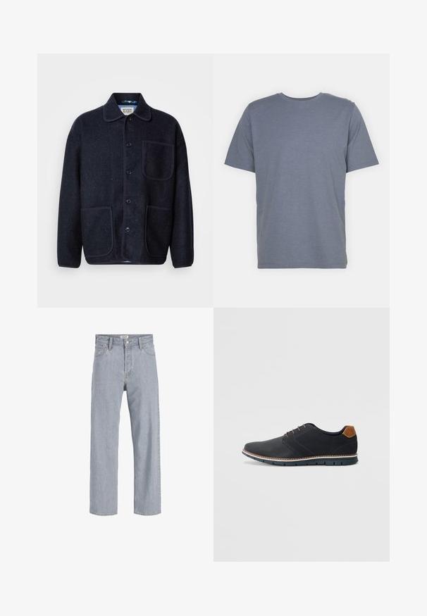 Casaco em mistura de lã azul-marinho com gola, cinco botões frontais, dois bolsos de remendo e acabamento em contraste ao longo das costuras.; T-shirt cinza de manga curta com gola redonda, feita de um tecido suave em mistura de algodão. Design simples, sem padrões ou detalhes.; Jeans de denim azul claro com um corte relaxado, design de perna reta, costura visível, dois bolsos frontais e fecho de botão.; Sapatos sintéticos pretos com um upper texturizado, pormenores lisos, salto castanho e uma sola contrastante. Apresentam um sistema de atacadores mínimo e detalhes de costura.