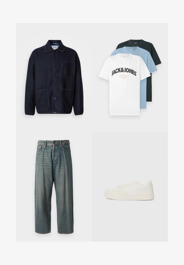Ναυτικό σακάκι από μείγμα μάλλινου υφάσματος με κολαριστό λαιμό, πέντε κουμπιά μπροστά, δύο πλαϊνές τσέπες και αντίθετο κορδόνι κατά μήκος των ραφών.; Τρία διπλωμένα κοντομάνικα μπλουζάκια με στρογγυλή λαιμόκοψη σε λευκό με το λογότυπο Jack & Jones, απαλό μπλε και μαύρο, στοιβαγμένα σε λευκό φόντο.; Ανοιχτό μπλε τζιν παντελόνι με χαλαρή γραμμή, μέση μέσου ύψους και ευθείες γραμμές. Περιλαμβάνει πέντε τσέπες, θηλιές ζώνης και κούμπωμα με κουμπί.; Λευκά αθλητικά παπούτσια με λείο δέρμα και σουέτ λεπτομέρειες. Διαθέτουν διάτρητη μύτη, επίπεδα κορδόνια και καουτσούκ σολίνα με υφή.