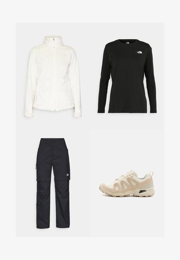 The North Face OSITO JACKET - Jakna od flisa - white dune; Crni dugih rukava majica od pamuka s okruglim izrezom. Ima mali bijeli logo na lijevoj strani prsnog područja. Jednostavan dizajn i kroj.; Crne najlon hlače s munjevim zatvaranjem, odvojive cargo hlače s podesivim manžetama, brojnim džepovima i logom na desnoj nozi. Glatka, lagana tekstura.; Bež i kremasti sportski tenisice s teksturiranim mrežastim gornjim dijelom, potpornih preklopa i gumeni potplat s uzorcima za prianjanje.