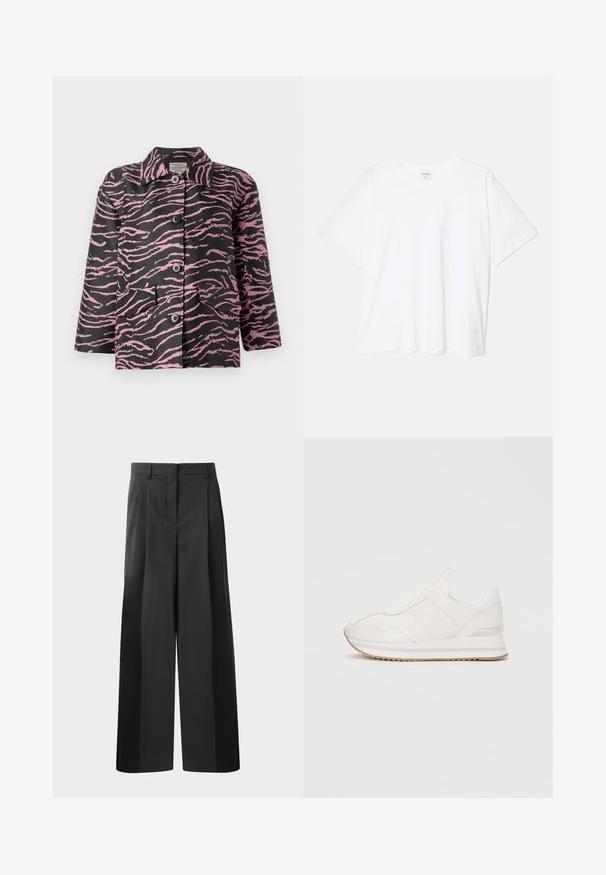 Svart jakke med rosa zebra-striper, knappelukking foran, spiss krage, og to frontlommer. Laget av teksturert stoff.; Hvit bomulls t-skjorte med korte ermer, rund hals, avslappet passform og sydd kant. Merke synlig på innsiden av halsen.; Sorte vidde bukser med høy midje, med frontfolder, en glatt tekstur og en skreddersydd finish. Designet for en avslappet passform.; Hvit lavtoppsneaker med snøring på forsiden, polstret såle og beige gummisåle mot en enkel bakgrunn.